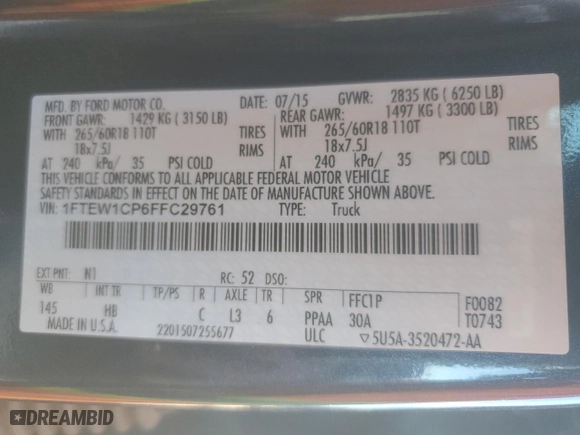 2015 Ford F-150 XL with VIN 1FTEW1CP6FFC29761, listed as a Copart auction lot 42791645 with 99,246 mi miles and Salvage Title. Bid and sale history available at carsss.com. Image 12.