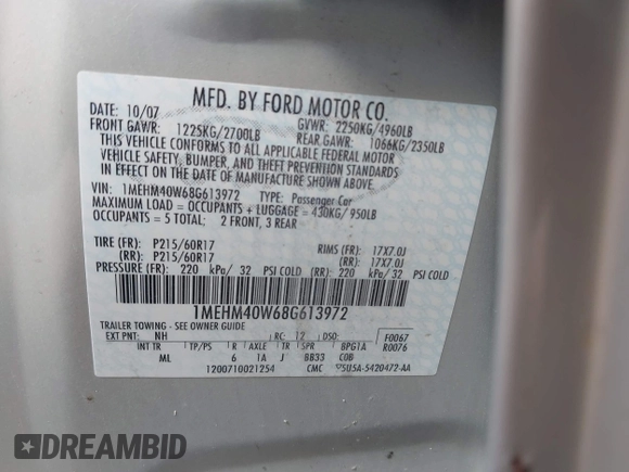 2008 Mercury Sable с VIN 1MEHM40W68G613972, выставлен на аукционе IAAI как лот 42522172 с пробегом 89 486 миль миль и . История ставок и продаж доступна на DreamBid. Изображение 9.