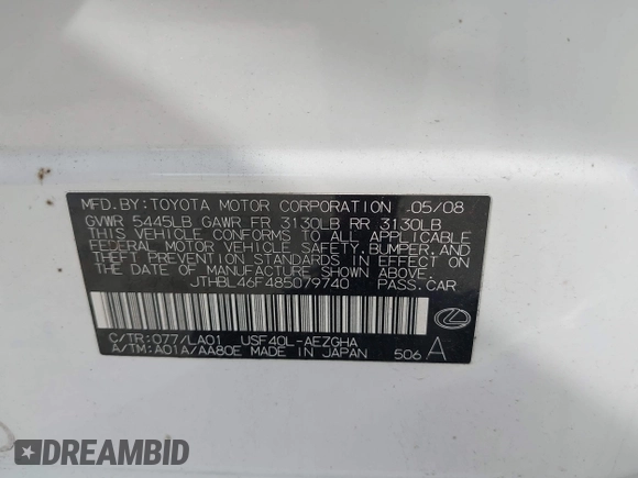2008 Lexus LS 460 с VIN JTHBL46F485079740, выставлен на аукционе IAAI как лот 42476825 с пробегом Не указан миль и . История ставок и продаж доступна на DreamBid. Изображение 9.