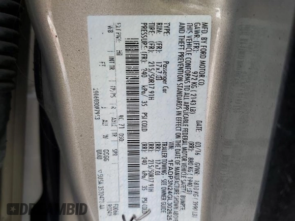 2016 Ford Focus Titanium with VIN 1FADP3N24GL302625, listed as a Copart auction lot 59180675 with 97,401 mi miles and Salvage title. Bid and sale history available at DreamBid. Image 13.