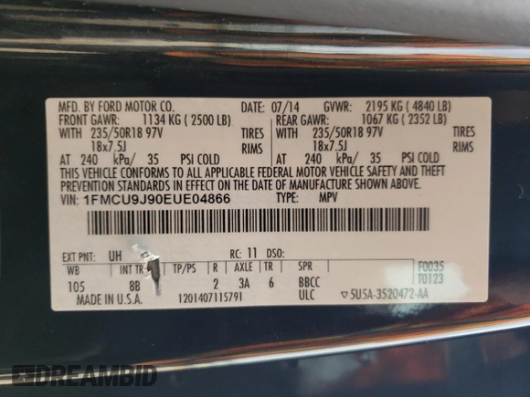 2014 Ford Escape Titanium with VIN 1FMCU9J90EUE04866, listed as a Copart auction lot 54182455 with 202,066 mi miles and Salvage Title. Bid and sale history available at carsss.com. Image 13.
