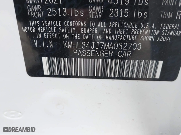 2021 Hyundai Sonata Hybrid SEL with VIN KMHL34JJ7MA032703, listed as a IAAI auction lot 41252575 with 22,067 mi miles. Bid and sale history available at carsss.com. Image 9.