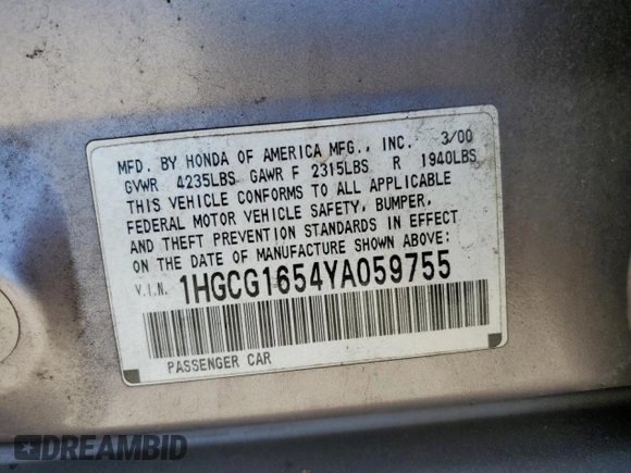 2000 Honda Accord EX with VIN 1HGCG1654YA059755, listed as a Copart auction lot 59003345 with 160,309 mi miles and Salvage title. Bid and sale history available at DreamBid. Image 12.