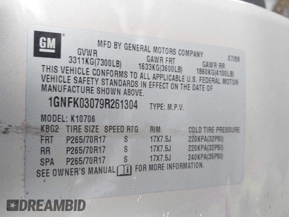 2009 Chevrolet Tahoe Special Service Vehicle with VIN 1GNFK03079R261304, listed as a IAAI auction lot 41555607 with 182,880 mi miles. Bid and sale history available at carsss.com. Image 9.