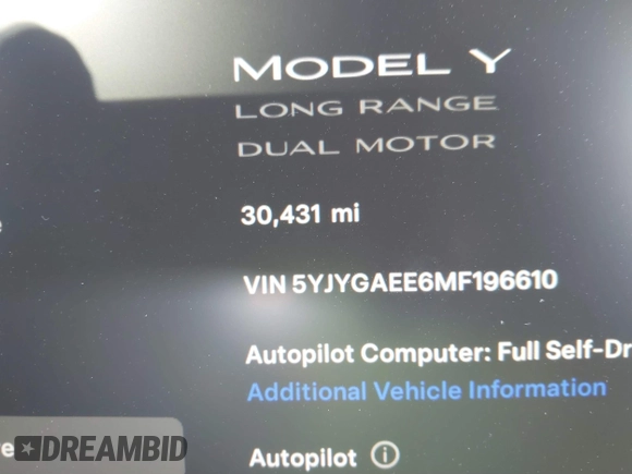 2021 Tesla Model Y Long Range with VIN 5YJYGAEE6MF196610, listed as a IAAI auction lot 41516909 with 30,431 mi miles. Bid and sale history available at carsss.com. Image 16.