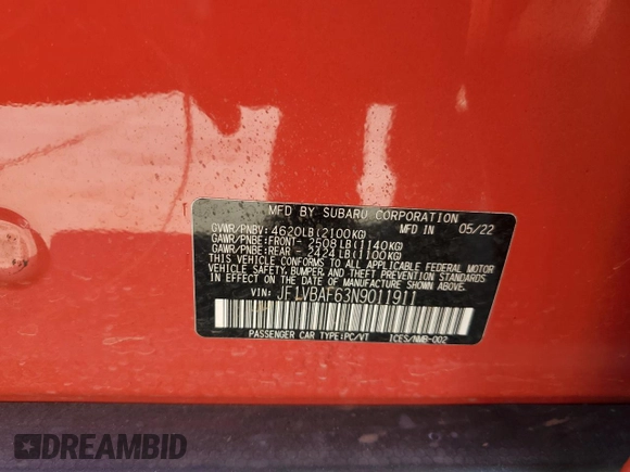 2022 Subaru WRX Premium with VIN JF1VBAF63N9011911, listed as a Copart auction lot 43696405 with 51,382 mi miles and Salvage title. Bid and sale history available at DreamBid. Image 14.
