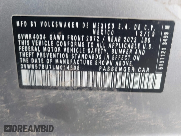 2020 Volkswagen Jetta S with VIN 3VWN57BU7LM014508, listed as a IAAI auction lot 42371444 with 78,416 mi miles and . Bid and sale history available at DreamBid. Image 9.
