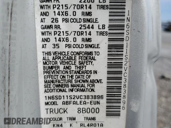1997 Nissan Frontier XE with VIN 1N6SD11S2VC383896, listed as a Copart auction lot 50420165 with 285,970 mi miles and Salvage title. Bid and sale history available at DreamBid. Image 15.