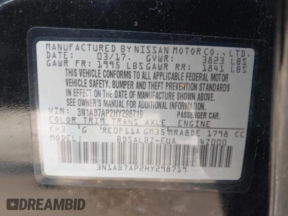 2017 Nissan Sentra S with VIN 3N1AB7AP2HY298719, listed as a IAAI auction lot 42468735 with 101,831 mi miles and . Bid and sale history available at DreamBid. Image 9.