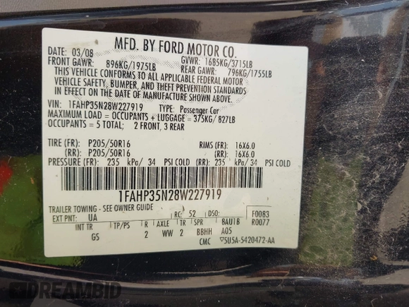 2008 Ford Focus SE with VIN 1FAHP35N28W227919, listed as a IAAI auction lot 42529123 with 193,546 mi miles and . Bid and sale history available at DreamBid. Image 9.