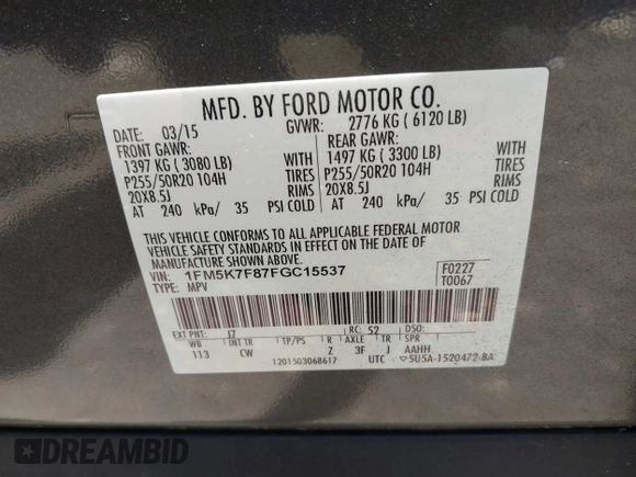 2015 Ford Explorer Limited z VIN 1FM5K7F87FGC15537, wystawiony jako IAAI lot #42077533 z przebiegiem 126 872 mil mil oraz . Historia ofert i sprzedaży dostępna na DreamBid. Obrazek 9.