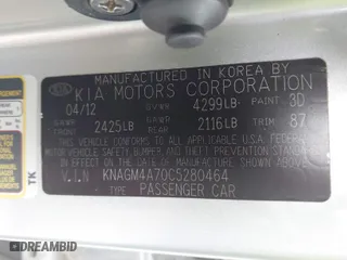 2012 Kia Optima LX with VIN KNAGM4A70C5280464, listed as a IAAI auction lot 41881578 with 141,494 mi miles. Bid and sale history available at carsss.com. Image 9.
