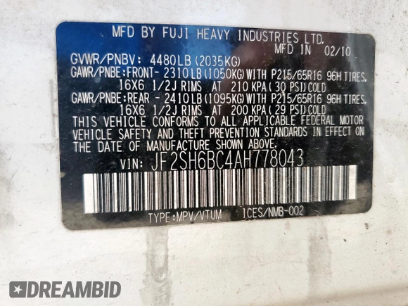 2010 Subaru Forester X с VIN JF2SH6BC4AH778043, выставлен на аукционе Copart как лот 61908235 с пробегом 182 253 миль миль и Чистый • Clean title. История ставок и продаж доступна на DreamBid. Изображение 13.