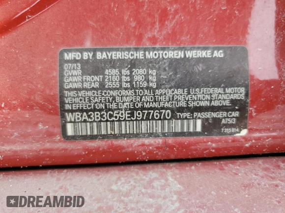 2014 BMW 3 Series 328i xDrive with VIN WBA3B3C59EJ977670, listed as a Copart auction lot 61997165 with 128,937 mi miles and Salvage title. Bid and sale history available at DreamBid. Image 12.