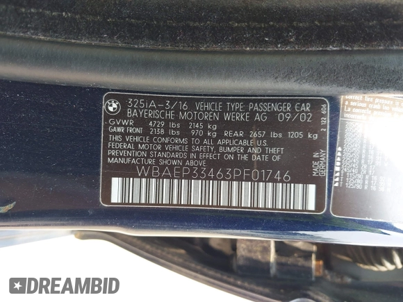 2003 BMW 3 Series 325xi with VIN WBAEP33463PF01746, listed as a IAAI auction lot 42435729 with 239,431 mi miles and . Bid and sale history available at DreamBid. Image 9.
