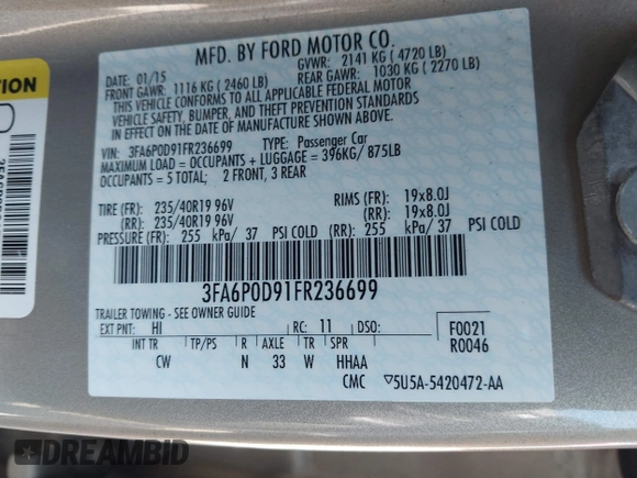 2015 Ford Fusion Titanium with VIN 3FA6P0D91FR236699, listed as a IAAI auction lot 41977478 with 203,394 mi miles. Bid and sale history available at carsss.com. Image 9.