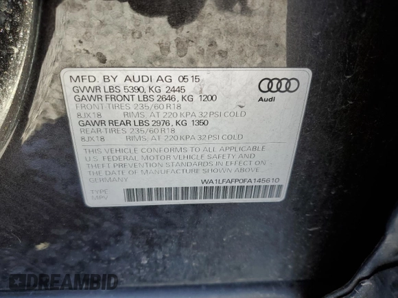 2015 Audi Q5 Premium Plus with VIN WA1LFAFP0FA145610, listed as a Copart auction lot 51704165 with 201,935 mi miles and Non repairable. Bid and sale history available at DreamBid. Image 13.