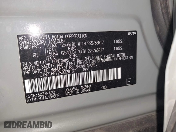 2019 Toyota RAV4 XLE with VIN JTMP1RFV2KD028137, listed as a IAAI auction lot 41931454 with 88,998 mi miles and . Bid and sale history available at DreamBid. Image 9.