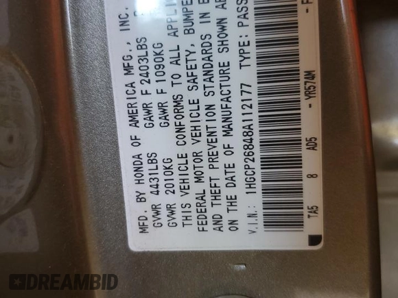 2008 Honda Accord EX-L z VIN 1HGCP26848A112177, wystawiony jako Copart lot #53368075 z przebiegiem Nie podano mil oraz Czysty tytuł • Clean title. Historia ofert i sprzedaży dostępna na DreamBid. Obrazek 12.