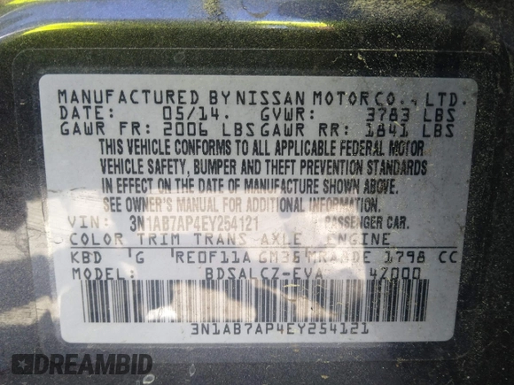 2014 Nissan Sentra SR with VIN 3N1AB7AP4EY254121, listed as a IAAI auction lot 42020734 with Not Provided miles and . Bid and sale history available at DreamBid. Image 9.