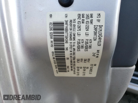 2007 Chrysler PT Cruiser with VIN 3A4FY48BX7T584348, listed as a Copart auction lot 77912354 with 146,780 mi miles and Salvage Title. Bid and sale history available at DreamBid. Image 15.