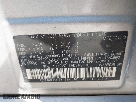 2013 Subaru Legacy Limited with VIN 4S3BMCL60D3031168, listed as a IAAI auction lot 39967047 with 89,627 mi miles and . Bid and sale history available at DreamBid. Image 9.