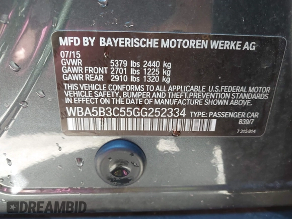 2016 BMW 5 Series 535i xDrive with VIN WBA5B3C55GG252334, listed as a IAAI auction lot 42103036 with 97,749 mi miles and . Bid and sale history available at DreamBid. Image 9.