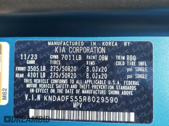 2024 Kia EV9 Land z VIN KNDADFS55R6029590, wystawiony jako Copart lot #60735054 z przebiegiem 3 733 mil mil oraz Szkoda całkowita • Salvage title. Historia ofert i sprzedaży dostępna na DreamBid. Obrazek 14.