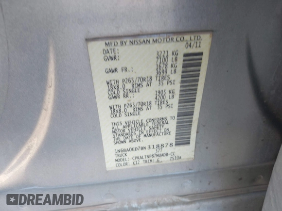 2011 Nissan Titan SV with VIN 1N6BA0ED7BN318878, listed as a IAAI auction lot 41518618 with 169,890 mi miles and . Bid and sale history available at DreamBid. Image 9.