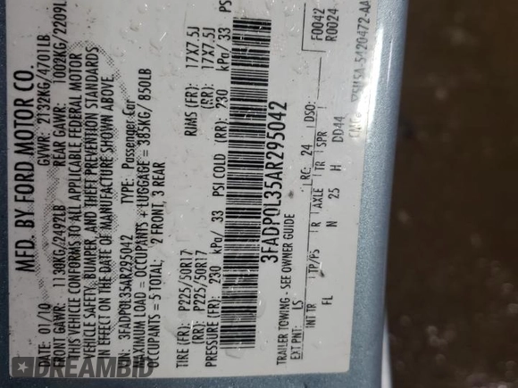 2010 Ford Fusion Hybrid with VIN 3FADP0L35AR295042, listed as a Copart auction lot 52731875 with 187,567 mi miles and Salvage Title. Bid and sale history available at carsss.com. Image 12.