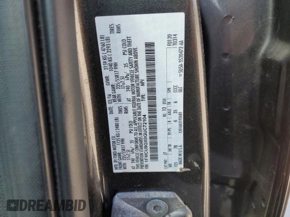 2016 Ford Escape SE z VIN 1FMCU9GX0GUC72104, wystawiony jako Copart lot #54232485 z przebiegiem 89 827 mil mil oraz Szkody całkowita. Historia ofert i sprzedaży dostępna na DreamBid. Obrazek 13.