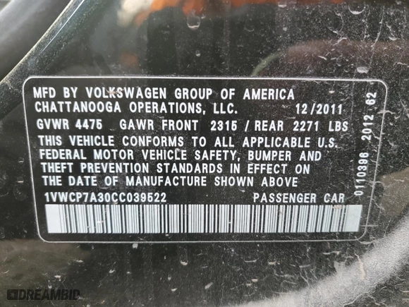 2012 Volkswagen Passat SEL with VIN 1VWCP7A30CC039522, listed as a Copart auction lot 83479714 with 121,096 mi miles and Salvage Title. Bid and sale history available at carsss.com. Image 13.