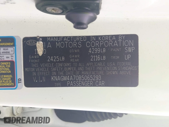 2011 Kia Optima LX with VIN KNAGM4A70B5065293, listed as a IAAI auction lot 38328974 with 224,554 mi miles and . Bid and sale history available at carsss.com. Image 9.