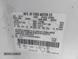 2010 Ford F-150 XL with VIN 1FTEX1CW5AKE46562, listed as a IAAI auction lot 42261296 with Not provided miles and . Bid and sale history available at DreamBid. Image 9.