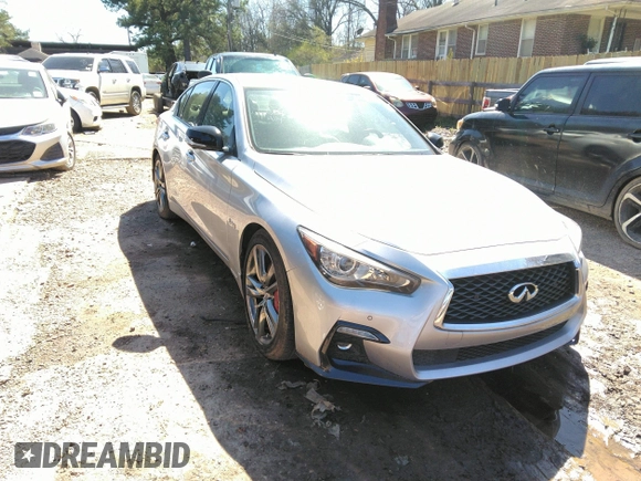 2020 Infiniti Q50 Red Sport 400 with VIN JN1FV7AP2LM630098, listed as a IAAI auction lot 41828404 with 33,962 mi miles and . Bid and sale history available at DreamBid. Image 1.