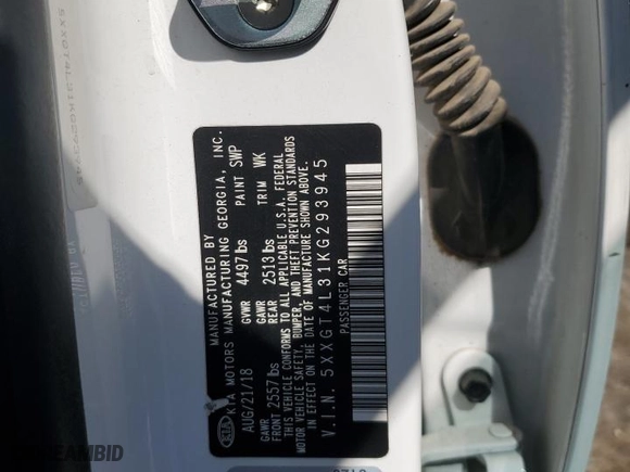 2019 Kia Optima S with VIN 5XXGT4L31KG293945, listed as a Copart auction lot 53371715 with 137,318 mi miles and Salvage Title. Bid and sale history available at carsss.com. Image 12.