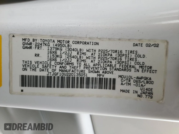 2002 Lexus RX 300 z VIN JTJGF10U220135051, wystawiony jako Copart lot #72284014 z przebiegiem 266 569 mil mil oraz Szkoda całkowita • Salvage title. Historia ofert i sprzedaży dostępna na DreamBid. Obrazek 14.