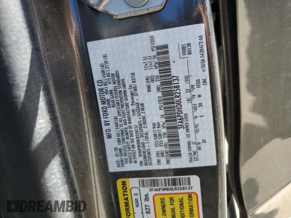 2020 Ford Fusion SE with VIN 3FA6P0HD0LR258137, listed as a Copart auction lot 47182274 with 54,077 mi miles and Salvage Title. Bid and sale history available at carsss.com. Image 12.