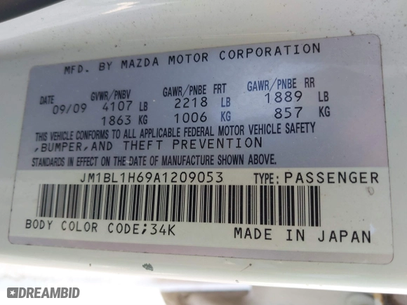 2010 Mazda Mazda3 s Sport with VIN JM1BL1H69A1209053, listed as a IAAI auction lot 41796146 with 122,760 mi miles. Bid and sale history available at carsss.com. Image 9.