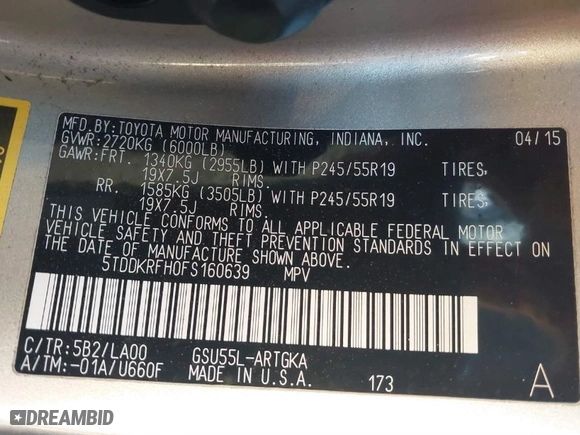 2015 Toyota Highlander Limited with VIN 5TDDKRFH0FS160639, listed as a IAAI auction lot 41448573 with 109,018 mi miles. Bid and sale history available at carsss.com. Image 9.
