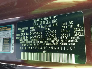 2022 Kia Telluride EX with VIN 5XYP34HC2NG311104, listed as a IAAI auction lot 41423949 with 39,034 mi miles. Bid and sale history available at carsss.com. Image 9.