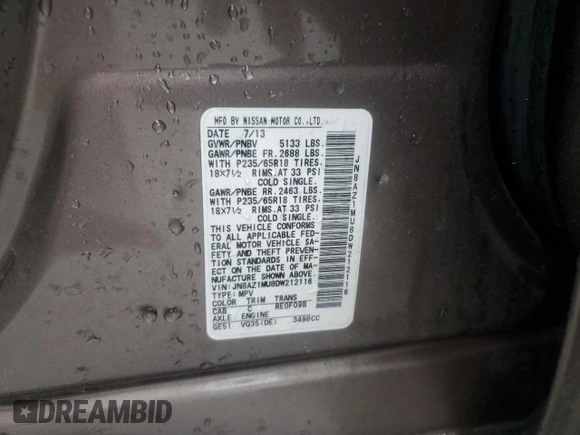 2013 Nissan Murano SL with VIN JN8AZ1MU8DW212116, listed as a Copart auction lot 48241515 with 0 mi miles and Salvage Title. Bid and sale history available at carsss.com. Image 13.