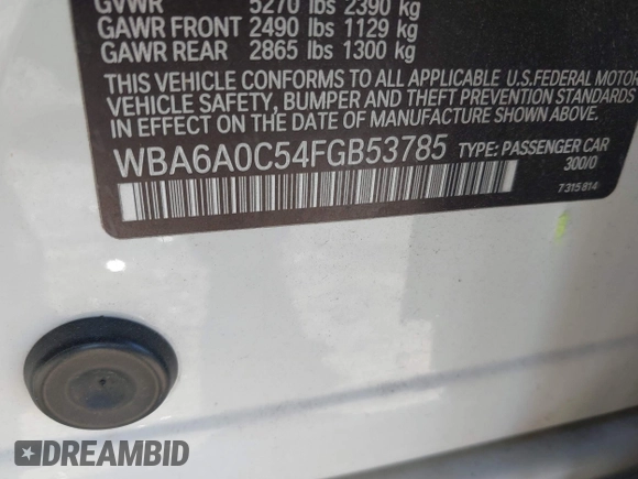 2015 BMW 6 Series 640i with VIN WBA6A0C54FGB53785, listed as a IAAI auction lot 40612020 with 67,524 mi miles and . Bid and sale history available at DreamBid. Image 9.