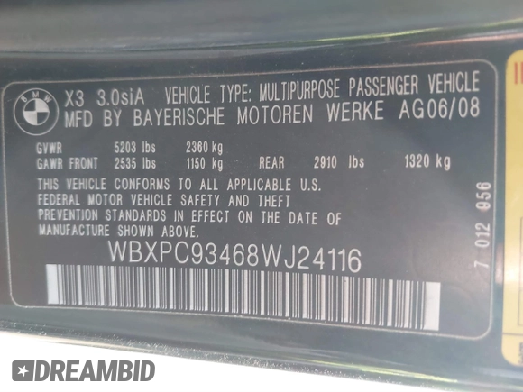2008 BMW X3 3.0si with VIN WBXPC93468WJ24116, listed as a IAAI auction lot 41654364 with 177,610 mi miles and . Bid and sale history available at DreamBid. Image 9.