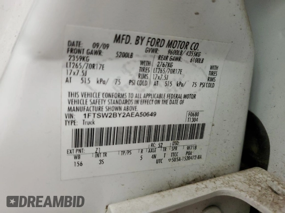 2010 Ford F-250 XL z VIN 1FTSW2BY2AEA50649, wystawiony jako Copart lot #60865215 z przebiegiem 178 506 mil mil oraz Szkoda całkowita • Salvage title. Historia ofert i sprzedaży dostępna na DreamBid. Obrazek 13.