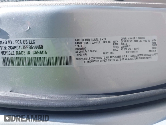 2023 Chrysler Pacifica Hybrid Touring L with VIN 2C4RC1L75PR614460, listed as a IAAI auction lot 42628545 with 68,668 mi miles and . Bid and sale history available at DreamBid. Image 9.