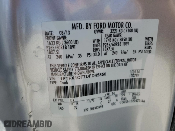 2013 Ford F-150 XL with VIN 1FTFX1CF7DFD45850, listed as a Copart auction lot 51928155 with 85,534 mi miles and Salvage Title. Bid and sale history available at carsss.com. Image 15.