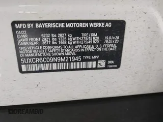 2022 BMW X5 xDrive40i with VIN 5UXCR6C09N9M21945, listed as a IAAI auction lot 42170363 with 23,537 mi miles and . Bid and sale history available at DreamBid. Image 9.