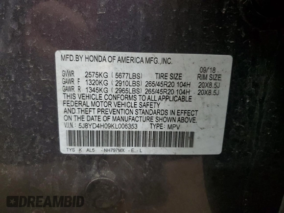 2019 Acura MDX w/Technology/A-Spec Pkg with VIN 5J8YD4H09KL006353, listed as a Copart auction lot 48789335 with 52,261 mi miles and Salvage Title. Bid and sale history available at carsss.com. Image 16.