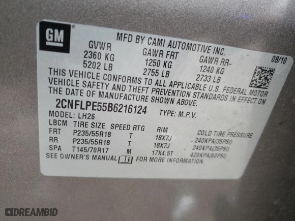 2011 Chevrolet Equinox LT w/2LT with VIN 2CNFLPE55B6216124, listed as a Copart auction lot 44753515 with 131,897 mi miles and Clean Title. Bid and sale history available at carsss.com. Image 16.
